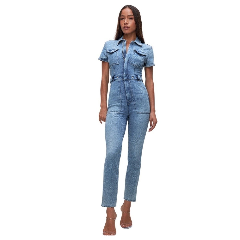 Good American Fit For‎ Success Denim Jumpsuit BLUE274 Short Sleeve Utility 1X/2X